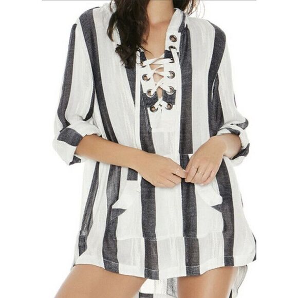 L*SPACE Love Letters Striped Beach Cover Beach Bum Hoodie sz Small - Picture 3 of 11